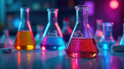 Illuminated Erlenmeyer Flasks Filled with Vibrant Colored Liquids in a Laboratory Setting Reflecting Neon Lights