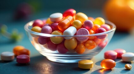 A glass bowl filled with an assortment of colorful pills and capsules, resting on a dark surface, illuminated by a soft light.