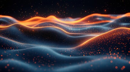 Glowing particles form abstract wavy landscape