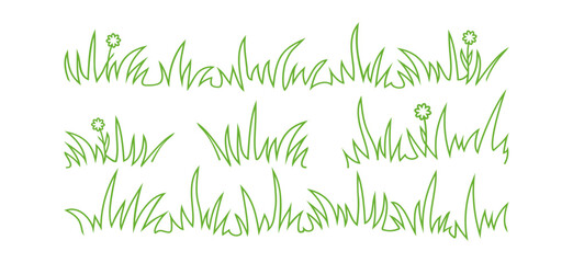 Naklejka premium Grass line icon, meadow and flower doodle outline design, bush tuft, small lawn, green sketch plant isolated on white background. Thicket hand drawn border. Floral scribble vector illustration