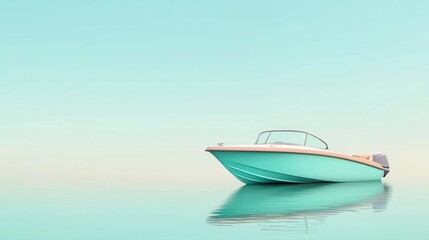Fototapeta premium Minimalist digital illustration of a turquoise motorboat floating on a calm reflective water surface under a pastel blue sky. Serenity, relaxation, leisure travel. Copy space