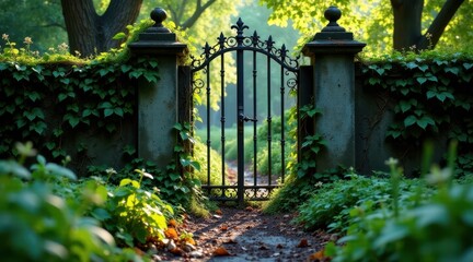 Naklejka premium Secluded Garden Path Entrance with Ornate Wrought Iron Gate and Lush Greenery