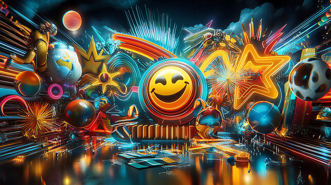 Colorful retro 80s style poster featuring vibrant shapes, smiley face, and dynamic elements, evoking joy and nostalgia in playful atmosphere