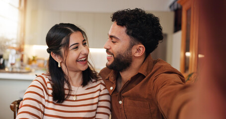 Couple, selfie and laughing in home conversation, photography and memory in relationship. Partner, romance and social media update on commitment, bonding and post moment of affection in marriage