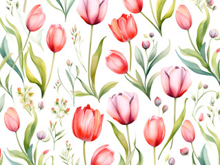 Obraz premium Seamless Watercolor Tulip Floral Pattern with Green Leaves