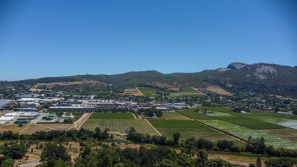 Town of Paarl South Africa aerial view of the town with Paarl rock and the mountains behind