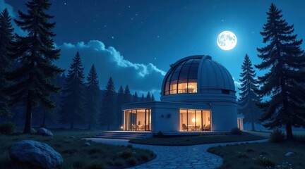 Obraz premium Serene Nighttime Observatory Home in a Pine Forest Under the Full Moon's Glow