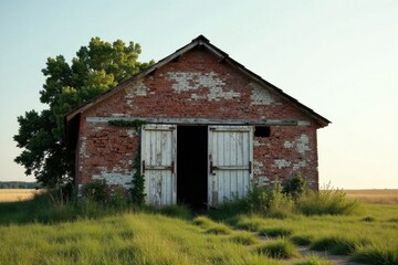 Rustic brick barn with weathered white doors stands solitary in a field of tall grass under a clear sky