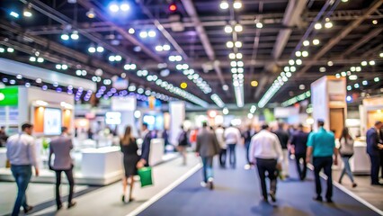 Blurred of busy trade show floor or exhibition event hall with numerous attendees