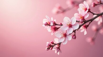 Obraz premium Delicate Pink Blossoms on a Branch Against a Soft Pastel Background, Symbolizing Springtime Renewal and Tranquil Beauty