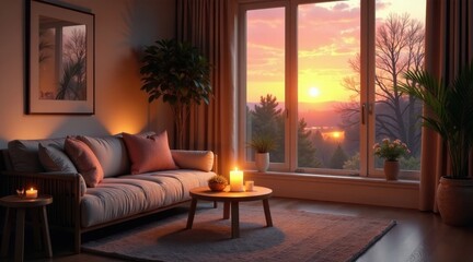Fototapeta premium Serene Sunset View from Cozy Living Room with Warm Candlelight and Houseplants