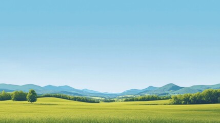 Serene Landscape: Picturesque View of Rolling Hills and Lush Green Fields Under a Clear Blue Sky