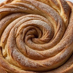 Fototapeta premium A swirl of cinnamon sugar inside a flaky pastry, shown in close-up detail against a white background.