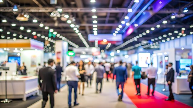 Blurred of busy trade show floor or exhibition event hall with numerous attendees