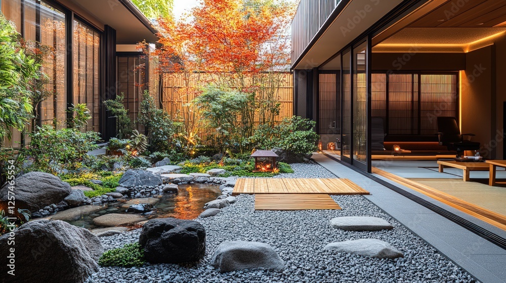 Wall mural Serene autumn garden, tranquil water feature, zen design.