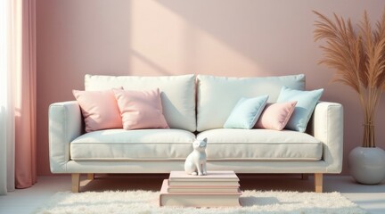 Serene living room with off-white sofa, pastel pillows, and decorative cat figurine on stacked books