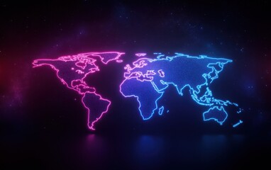Naklejka premium Futuristic Neon Map: A sleek digital world map with glowing neon blue and magenta global network connections, symbolizing data transfer and advanced connectivity. 