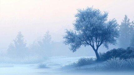 Serene Winter Landscape: A Solitary Tree in Misty Dawn