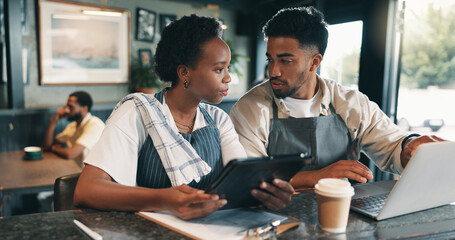 Laptop, checklist and teamwork with people in cafe for product inventory, supplier contact or...
