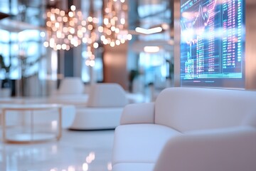 Futuristic investment bank office features soft lighting and floating holographic stock market data, creating a unique blend of professionalism and innovative atmosphere