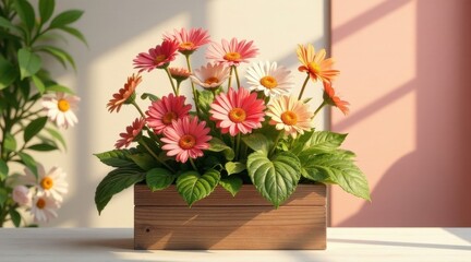 Vibrant Gerbera Daisies in a Rustic Wooden Box, Basking in Warm Sunlight, a Delightful Floral Arrangement