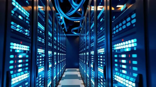 Futuristic data center with illuminated server racks and blue cables, showcasing advanced technology