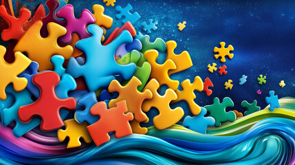Fototapeta premium Colorful puzzle pieces scattered over vibrant blue background, creating playful and dynamic scene. image evokes sense of creativity and fun