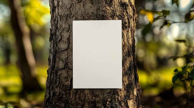 White sign is hanging from a tree. The sign is blank, which suggests that it is waiting to be filled with information or a message. The tree itself is surrounded by green leaves