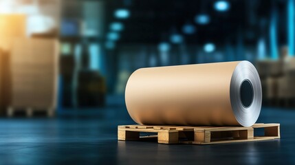Large industrial paper roll on a wooden pallet in a warehouse. Bulk paper storage and commercial production. Concept for manufacturing, logistics, and material supply.