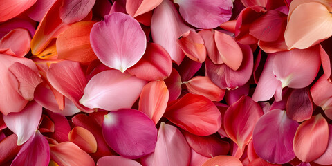 Colorful rose petals in pink, red, and orange, delicate floral texture and pattern