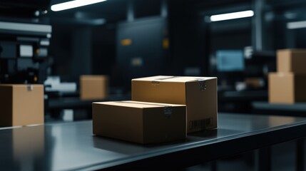 Cardboard boxes on a conveyor belt in a modern warehouse. Packaging and logistics concept