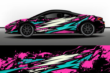 Vector design of car stickers. Set of graphic abstract white and mint stripes with pink splashes on black background with for car, rally, racing car.