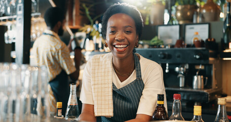 Alcohol, woman and portrait with smile for small business, hospitality and pride with confidence. Restaurant, female person and bartender with happiness for customer service, drinks and cafe owner