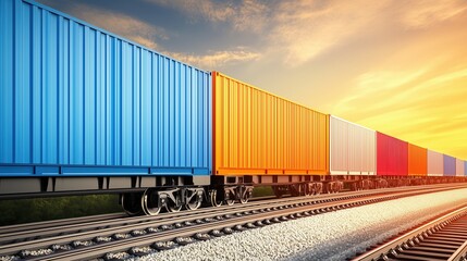 Fototapeta premium Freight train with colorful containers at sunset on railway tracks. Global transportation and logistics concept