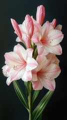 Fototapeta premium Beautiful pink and white amaryllis flowers blooming against a dark background