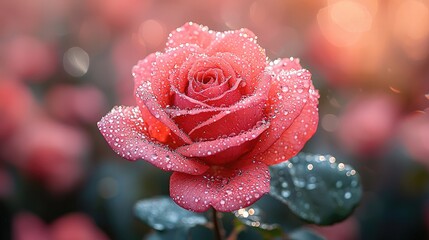 Close-up of a dew-covered pink rose blooming in a garden, with soft sunlight and blurred background