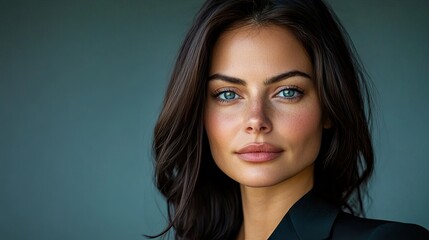 Fototapeta premium Confident young woman with striking blue eyes and long dark hair, wearing a black blazer.