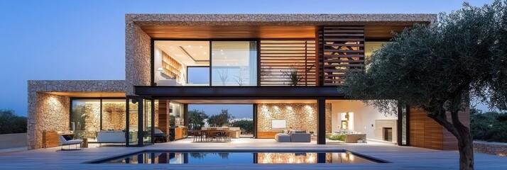 Modern Architectural Design Home with Pool at Dusk