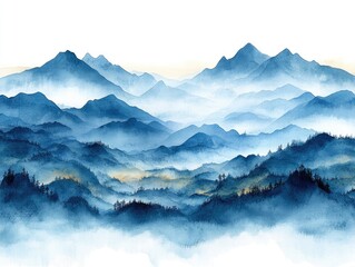 Fototapeta premium Misty blue watercolor mountainscape; tranquil scene. Ideal for travel, nature, serenity themes; evokes calm.