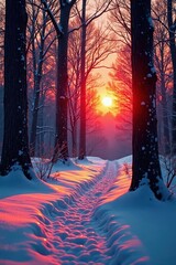 Crimson sun dips below bare branches, casting long shadows across a snowy forest floor , backdrop, photography