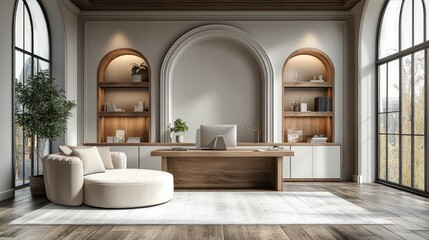 Serene minimalist office, modern wood, neutral tones.