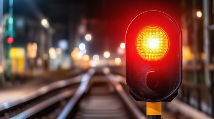 Bright yellow train signal glowing at night with railway tracks in the background. Transportation safety, night travel, urban commute.