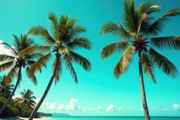 Tropical Paradise Vibrant Blue Ocean, Lush Palm Trees Swaying Gently in a Breezy Summer Day
