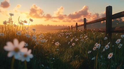 Obraz premium Golden hour daisies beside rustic fence