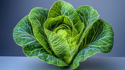 Large green head of lettuce sits on a table. The lettuce is fresh and crisp, with a bright green color. Concept of health and vitality, as lettuce is a nutritious and healthy food choice