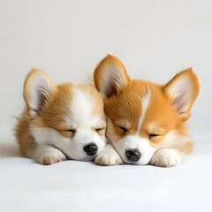 Two adorable corgi puppies, one slightly lighter, are snuggled closely together, sleeping peacefully with their eyes closed on a smooth white surface.