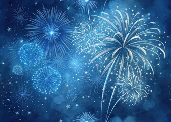 Blue Fireworks Night Sky Photography, Dark Gradient Background, Exploding Fireworks, 4th of July Fireworks, Festive Fireworks Display, Night Sky Image