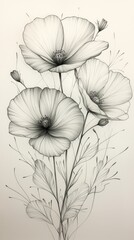 Fototapeta premium Delicate black and white floral illustration featuring poppies and fine details