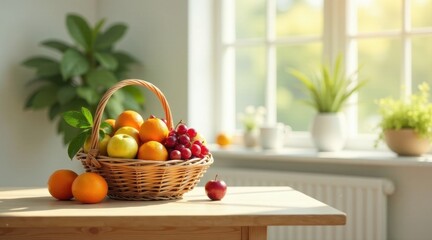 A sunlit wicker basket overflowing with a delightful assortment of ripe oranges, crisp apples, and juicy red grapes, resting on a light wooden table in a bright, airy room