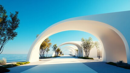 Modern Coastal Walkway with Arches and Clear Blue Sky